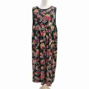 Erika Classics Vintage Y2K Floral Paisley Green Corduroy Smock Jumper Dress XL